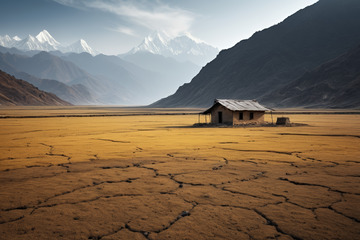 荒原小屋与远处雪山景观