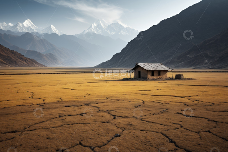 高清大图下载【趣麦麦图】荒原小屋与远处雪山景观
