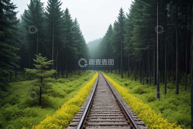 高清大图下载【趣麦麦图】森林中的铁路轨道风景