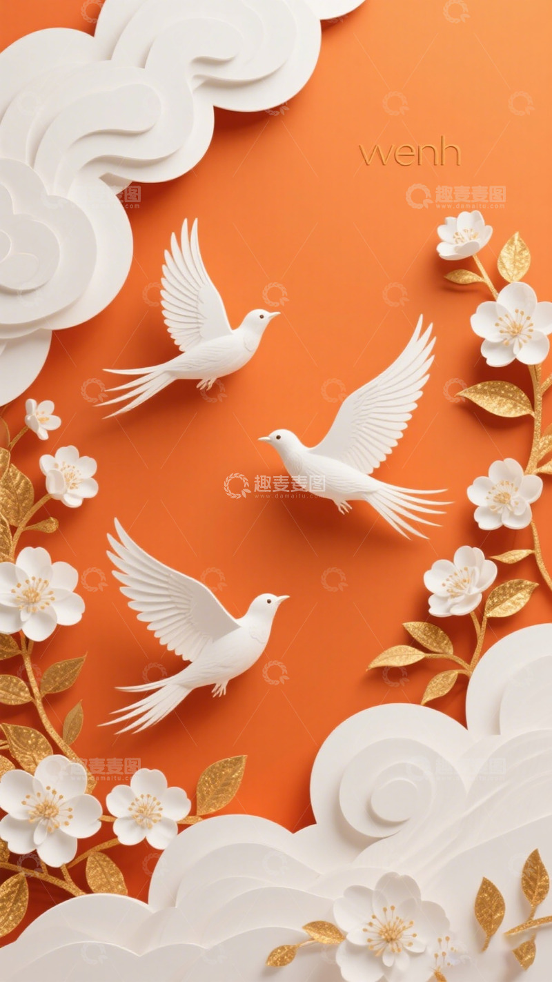 高清大图下载【趣麦麦图】纸艺风白鸽花卉装饰画