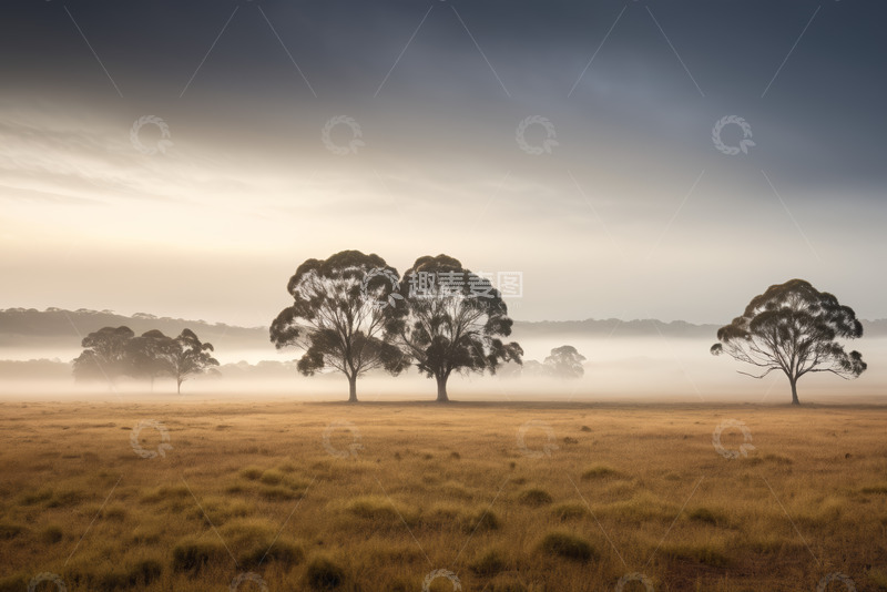 高清大图下载【趣麦麦图】晨雾中的草原树木景观
