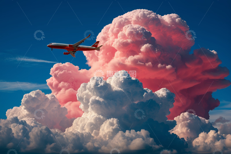 高清大图下载【趣麦麦图】飞机穿越绚丽云彩
