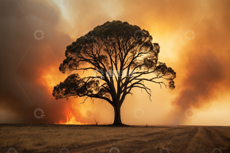 高清大图下载【趣麦麦图】旷野中燃烧野火旁的孤树
