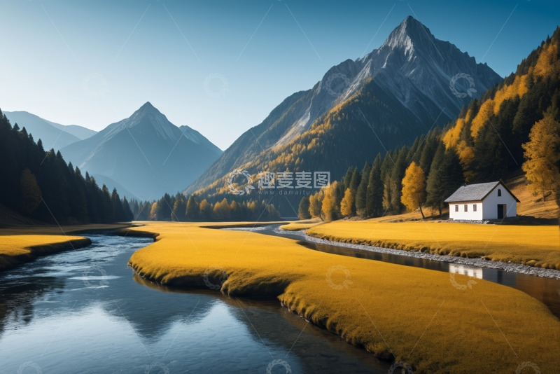 高清大图下载【趣麦麦图】山间河谷旁的小屋自然风光