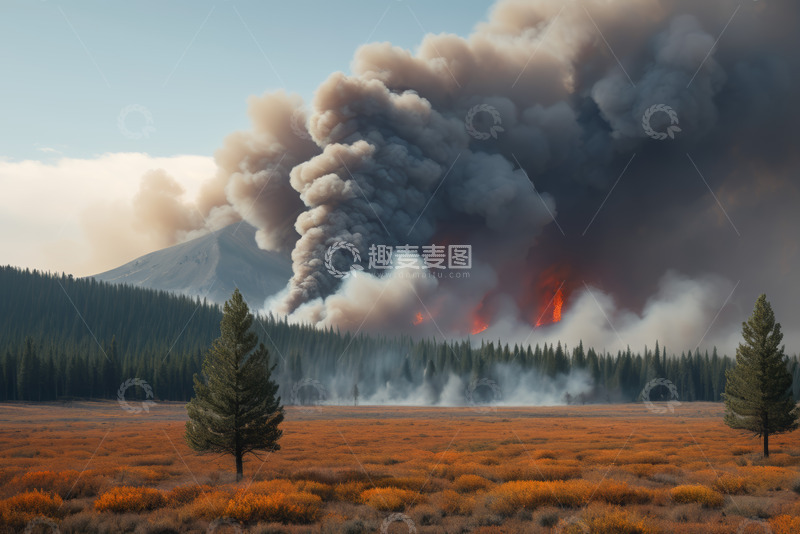 高清大图下载【趣麦麦图】森林火灾远处浓烟滚滚景象