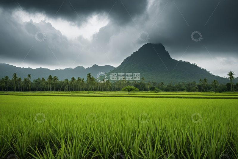 高清大图下载【趣麦麦图】绿色稻田与远山自然景观