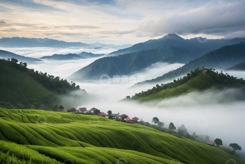 高清大图下载【趣麦麦图】山间云雾缭绕的绿色梯田景观