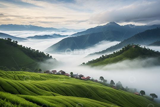 山间云雾缭绕的绿色梯田景观