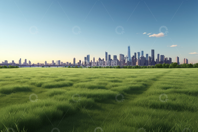 高清大图下载【趣麦麦图】城市天际线下的绿色草坪景观