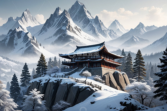 雪山中古建筑雪景