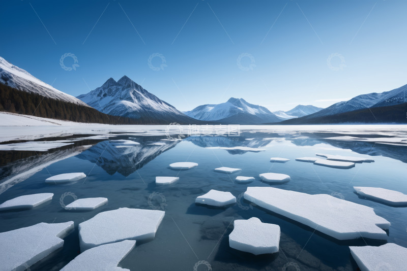 高清大图下载【趣麦麦图】雪山下平静湖面漂浮冰块景象