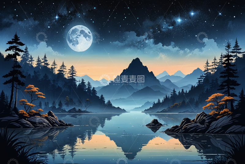 高清大图下载【趣麦麦图】月夜山林湖泊自然景观