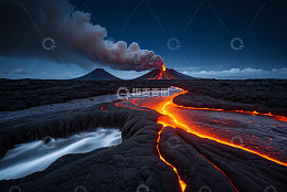 火山喷发熔岩流淌景象