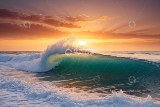 海上夕阳下的波浪景观
