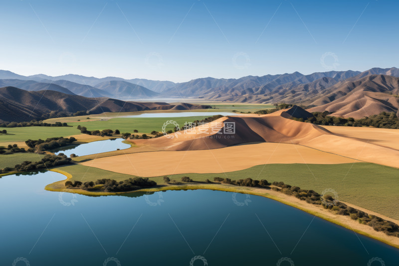 高清大图下载【趣麦麦图】沙漠湖泊与山丘自然风光