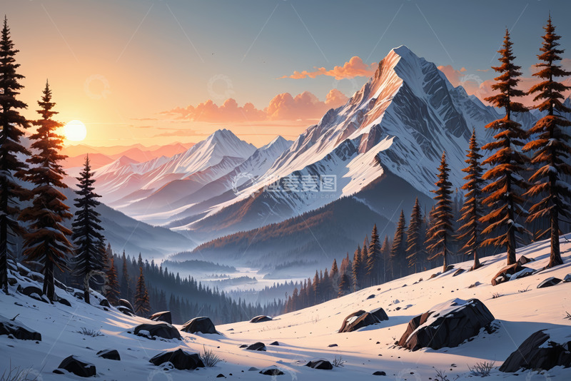 高清大图下载【趣麦麦图】雪山森林日出自然风光