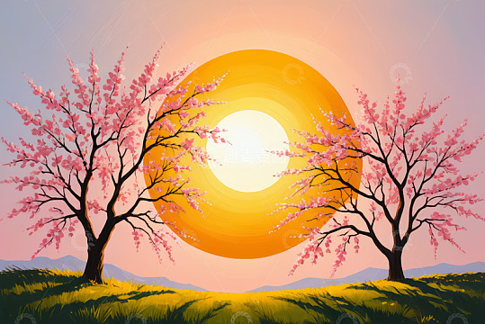 夕阳下双棵盛开的粉色花树