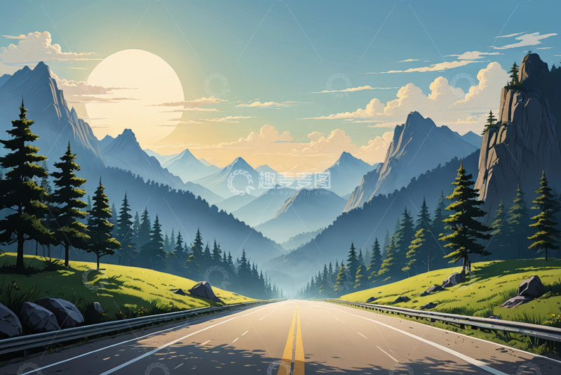 高清大图下载【趣麦麦图】山间公路日落自然风光