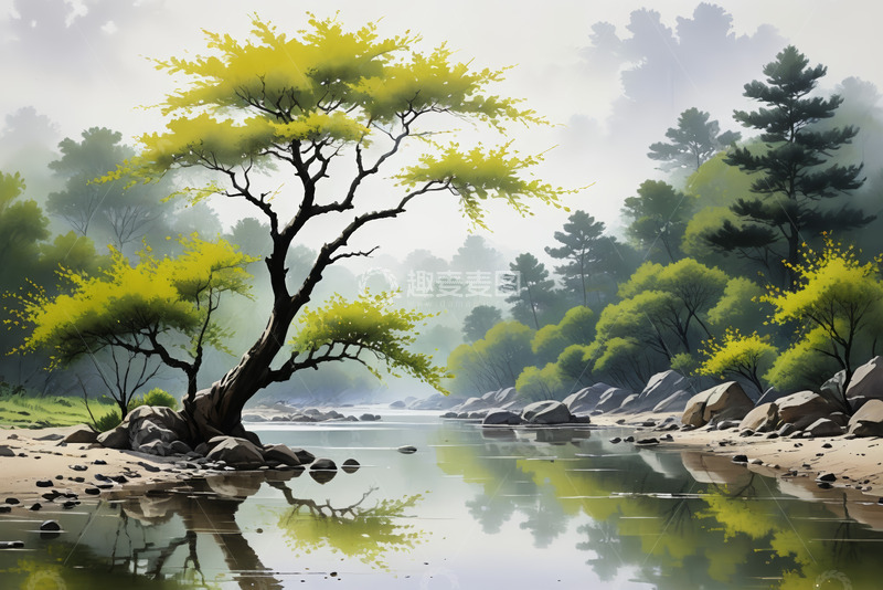 高清大图下载【趣麦麦图】河边树林自然风光