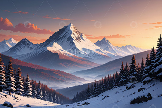 雪山森林黄昏自然风光