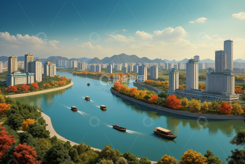 高清大图下载【趣麦麦图】城市河流秋景与船只全景