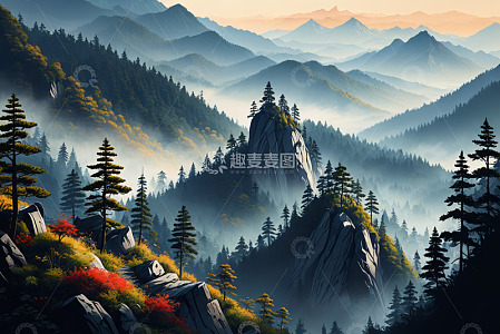 山林间晨雾弥漫的自然景观