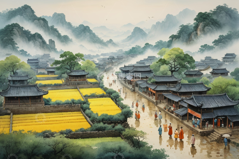 高清大图下载【趣麦麦图】古风山水间的传统村落景象