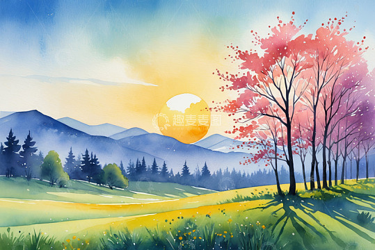 山林间夕阳下的自然风光