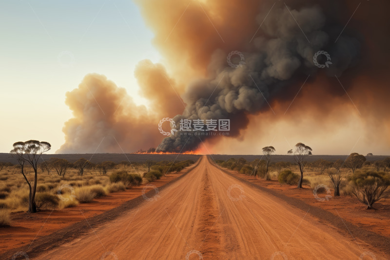 高清大图下载【趣麦麦图】荒野中道路尽头的森林火灾景象