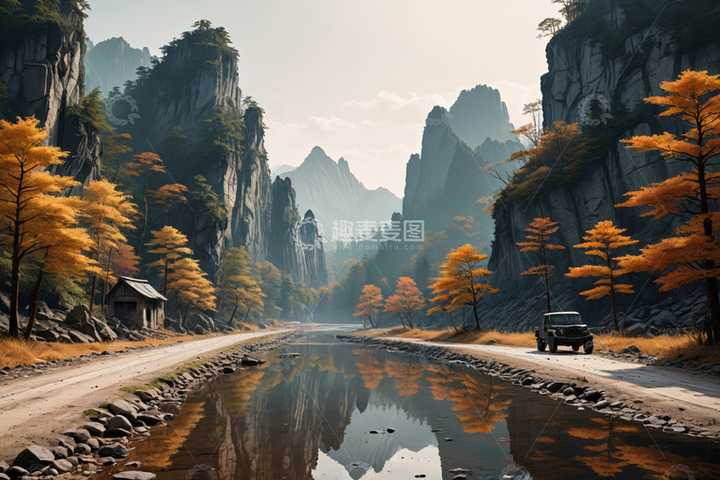 高清大图下载【趣麦麦图】山间公路旁秋色中的越野车