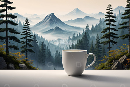 木桌前山林背景中的咖啡杯