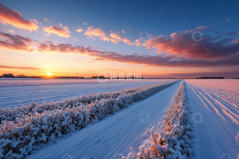 高清大图下载【趣麦麦图】冬日田野雪后日出景象