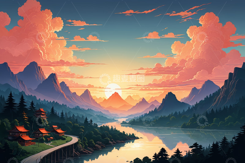 高清大图下载【趣麦麦图】山水间落日下的中式建筑风景