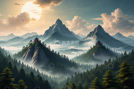 山林间落日下的中式建筑景观