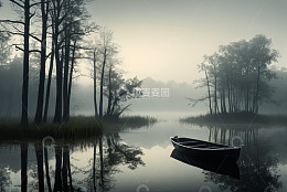 雾中森林湖泊上的小船景观