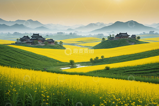 田园油菜花与中式建筑景观