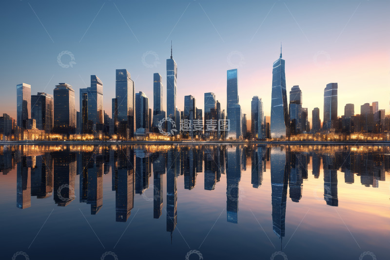 高清大图下载【趣麦麦图】城市高楼黄昏倒影景观