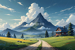 山间小屋田园风光美景