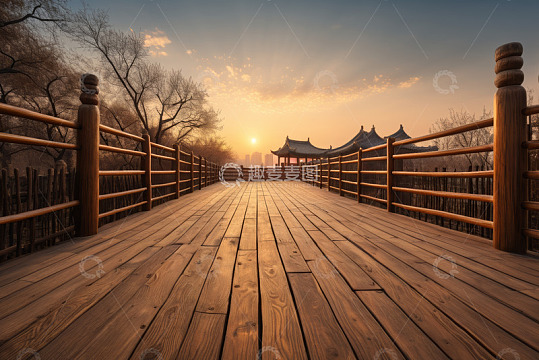 夕阳下中式木栈道与亭台景观