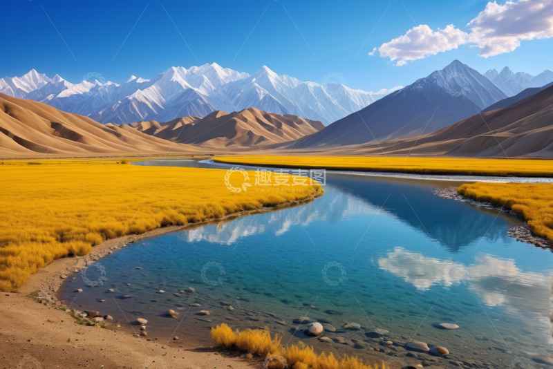 高清大图下载【趣麦麦图】沙漠中河流与远处雪山风光