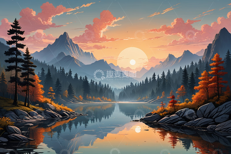 高清大图下载【趣麦麦图】山林湖泊日落自然风光