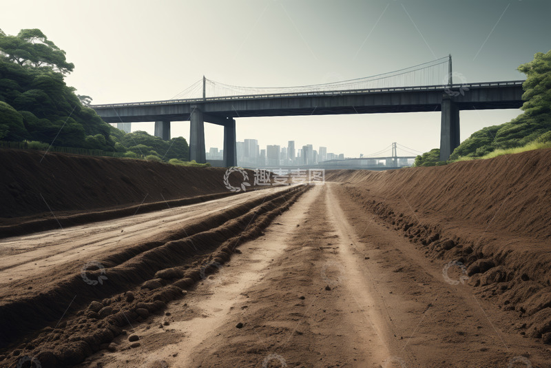 高清大图下载【趣麦麦图】土路旁高架桥与城市远景