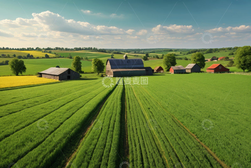 高清大图下载【趣麦麦图】田野上的农场及绿色农田景观