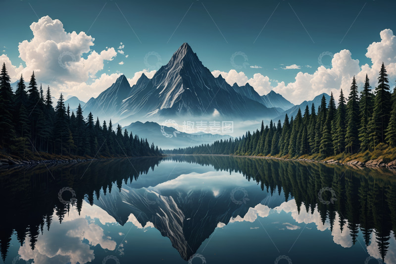 高清大图下载【趣麦麦图】山林湖泊与远山自然景观