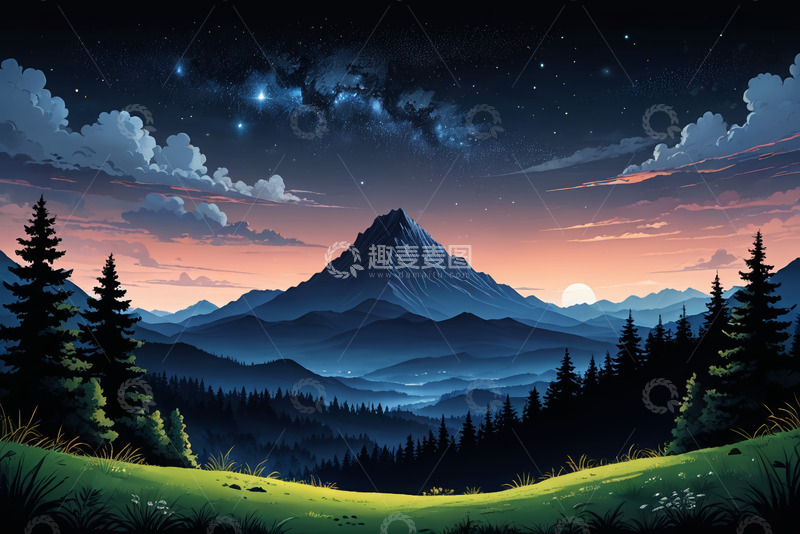 高清大图下载【趣麦麦图】山间夜景星空与森林景观