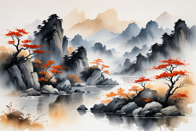 高清大图下载【趣麦麦图】水墨风格山水风景图