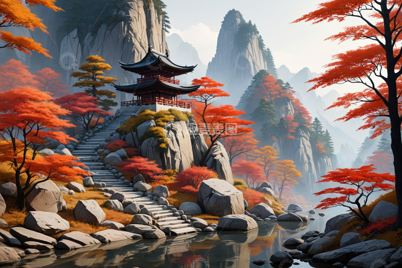 高清大图下载【趣麦麦图】秋景中式古亭山水风光