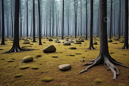 迷雾中的森林与岩石景观