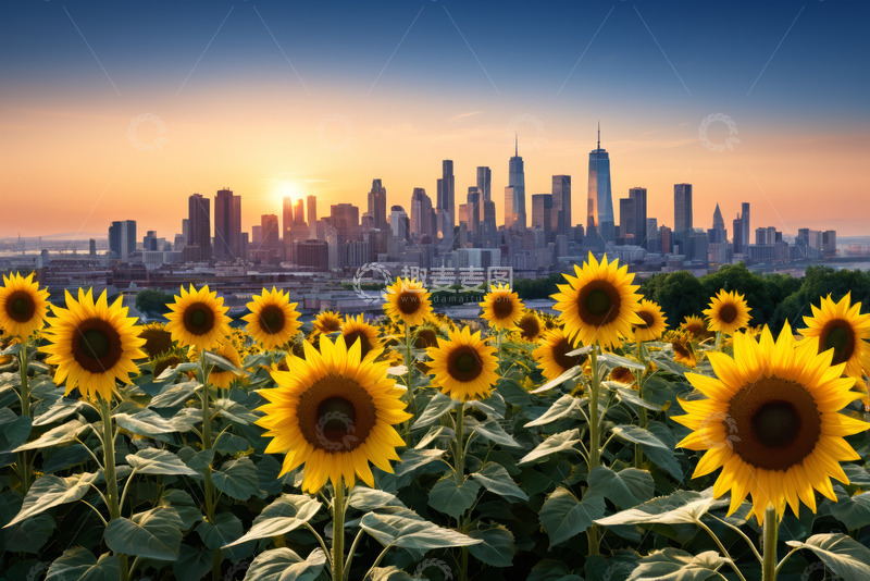 高清大图下载【趣麦麦图】向日葵花田与城市天际线景观