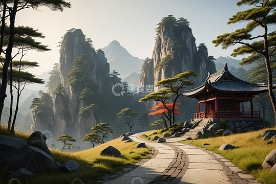 中式山水间的古典凉亭景观